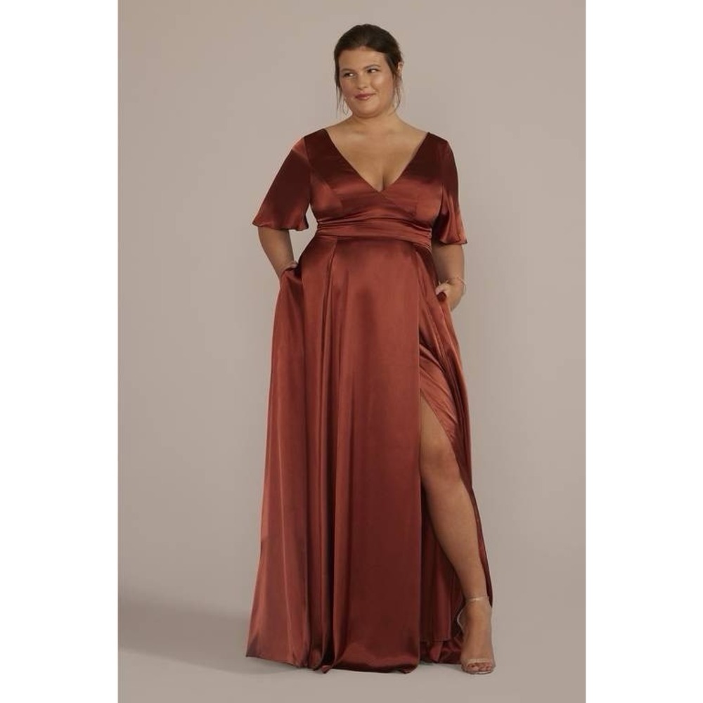 Galina Signature Flutter Sleeve A-Line Bridesmaid Dress Cinnamon Size 16 Holiday